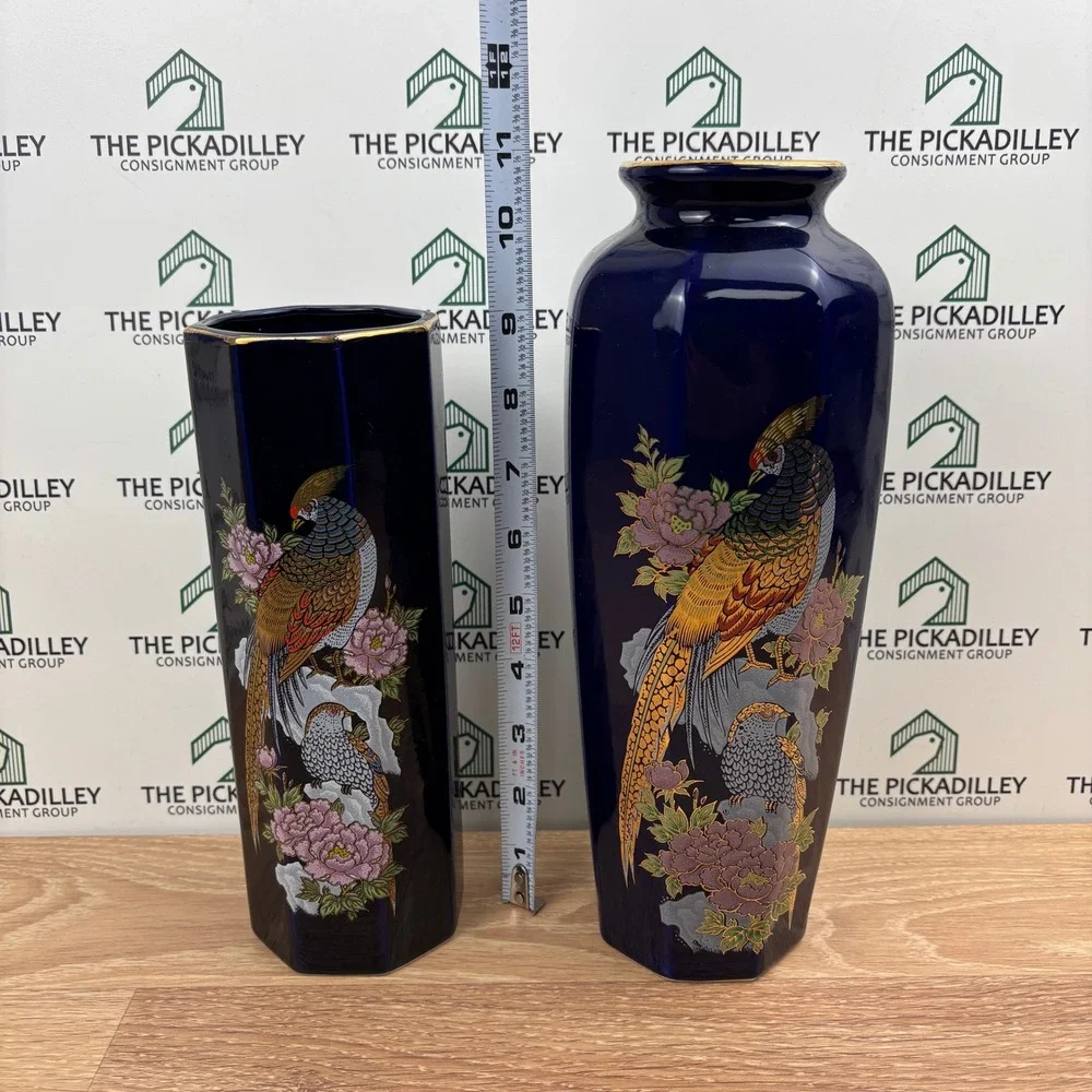 Vintage Japanese Cobalt Blue Porcelain Vase Set Gold Pheasant Peony 10